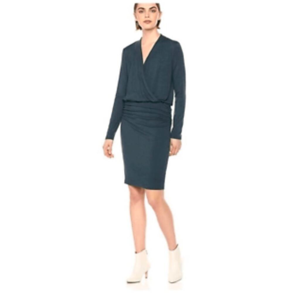 Michael Stars Jules Jersey Knit Faux Wrap Surplice Ruched Sides Dress Green Sz L